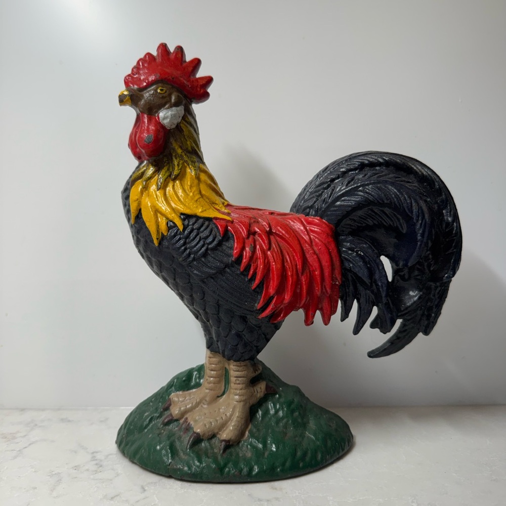 Vintage Painted Cast Iron Rooster Doorstop Green Red Yellow